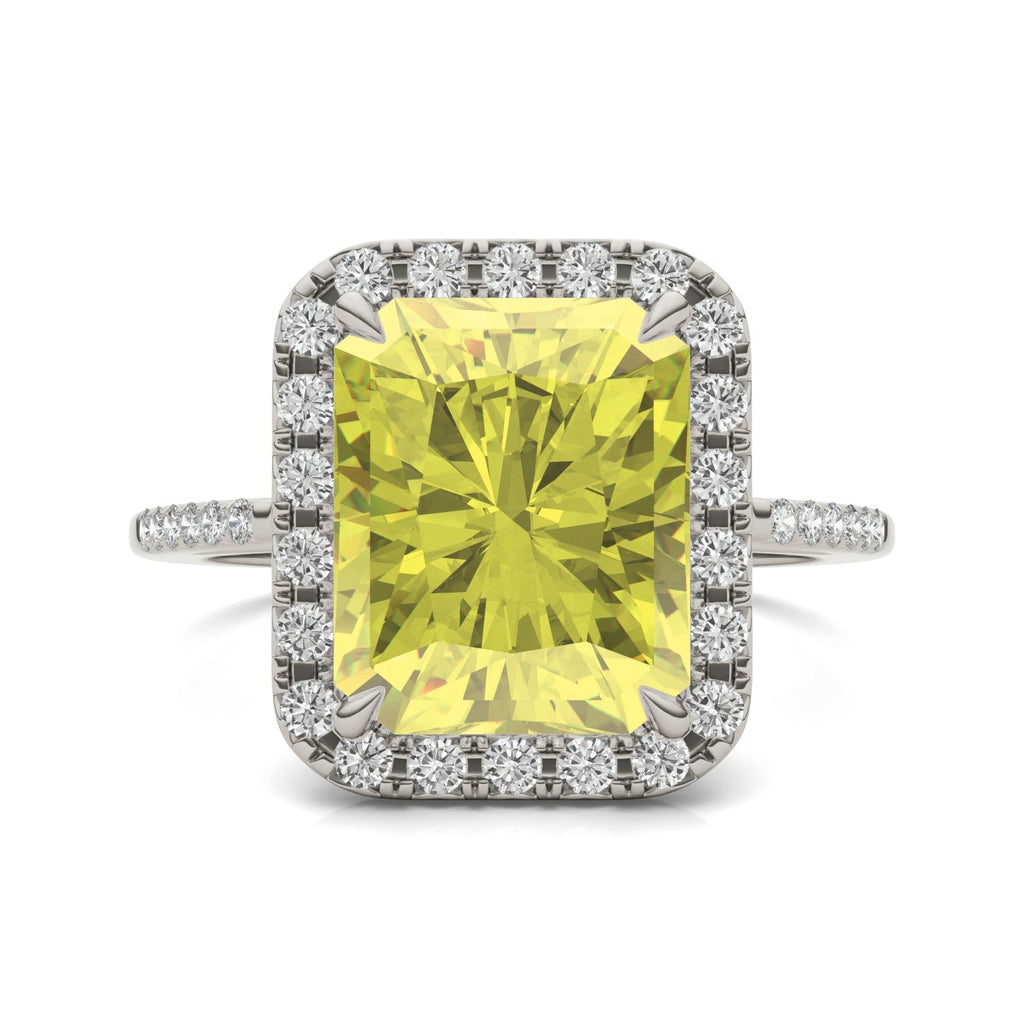 5.90 CTW DEW Radiant Yellow Moissanite Accented Ring in 14K White Gold