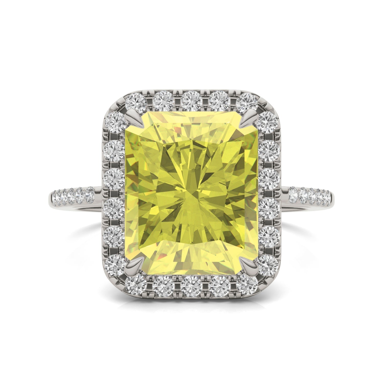 5.90 CTW DEW Radiant Yellow Moissanite Accented Ring in 14K White Gold