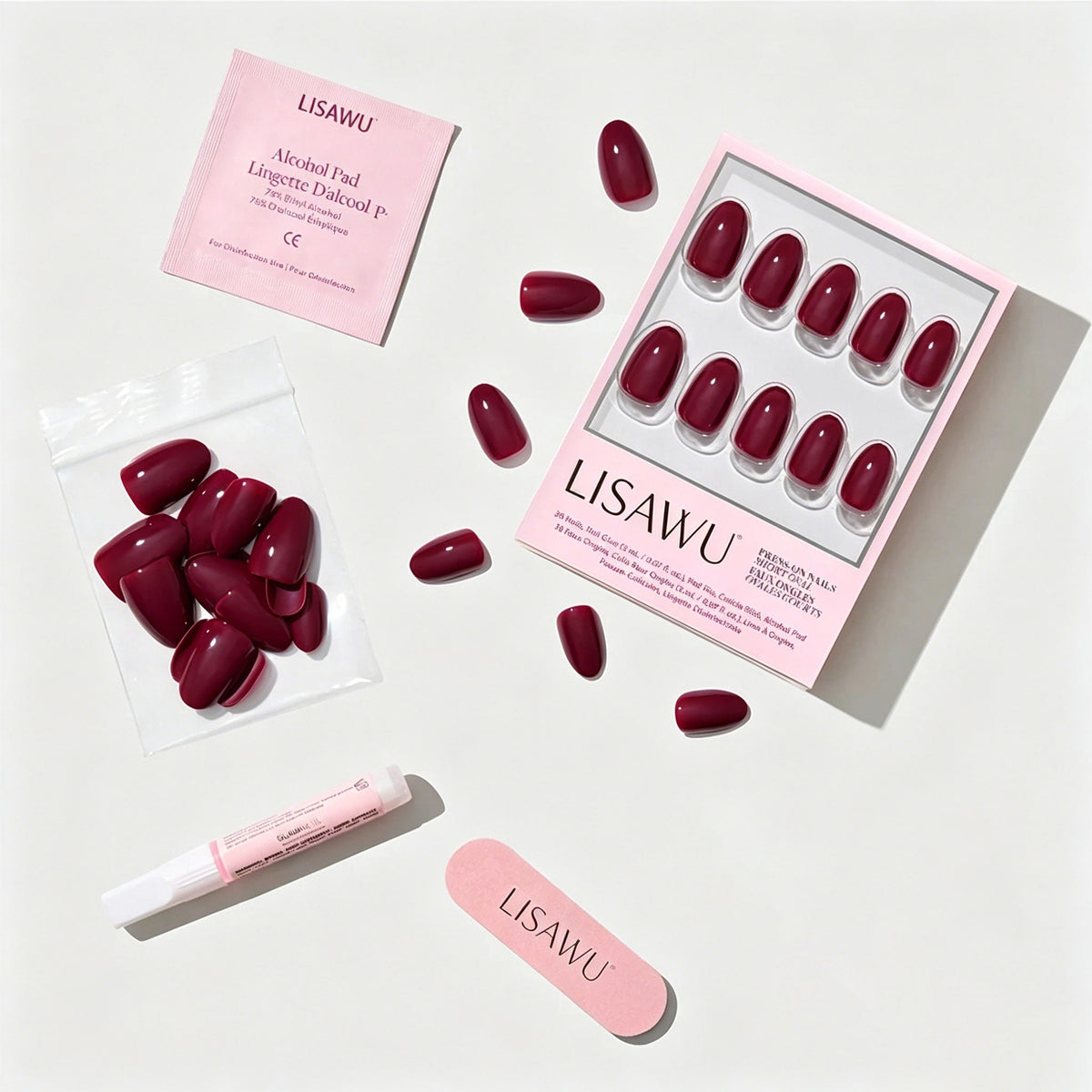 Berry Mood press-on nails - oval shape, short length