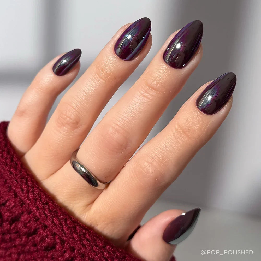 Burgundy Chrome press-on nails in black shade