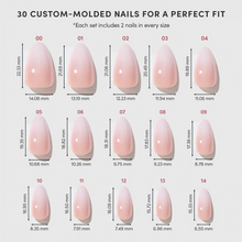 Fiancéd elegant press-on nails with glossy nude finish and almond shape displayed on hand model