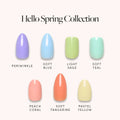 Hello Spring Collection press-on nail menu display with colorful floral nail covers and spring style designs