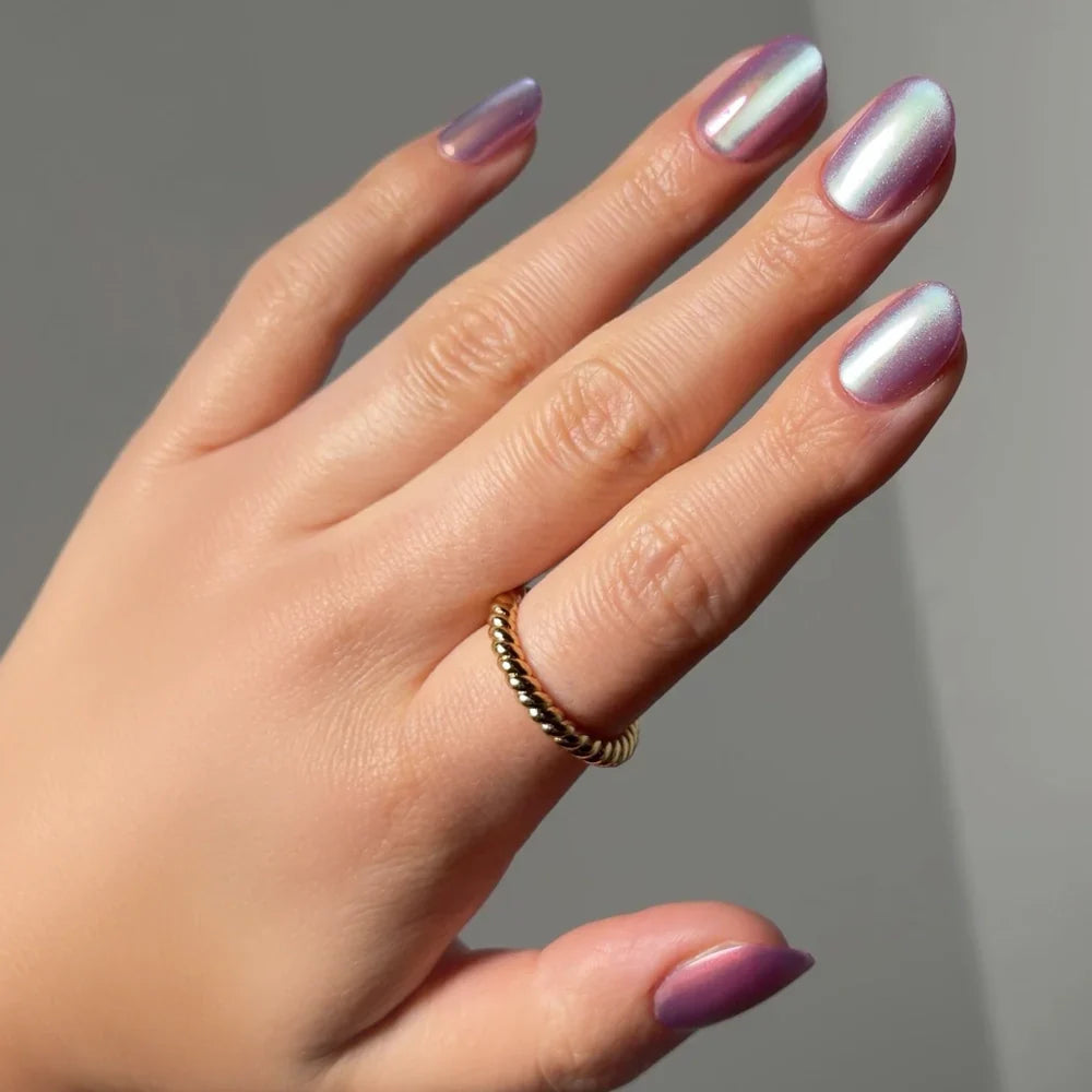 Oyster Glow press-on nails in blue shade