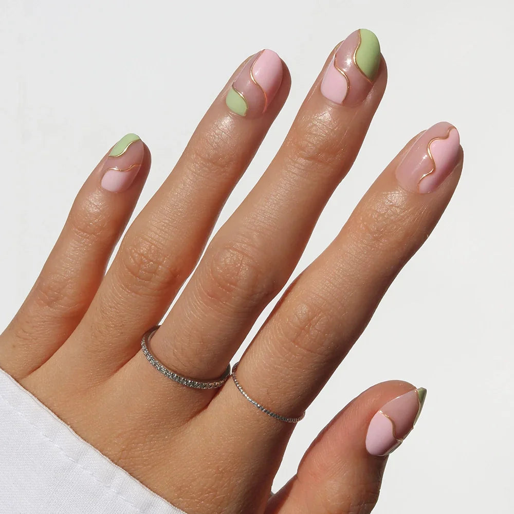 Strawberry Matcha press-on nails in green shade